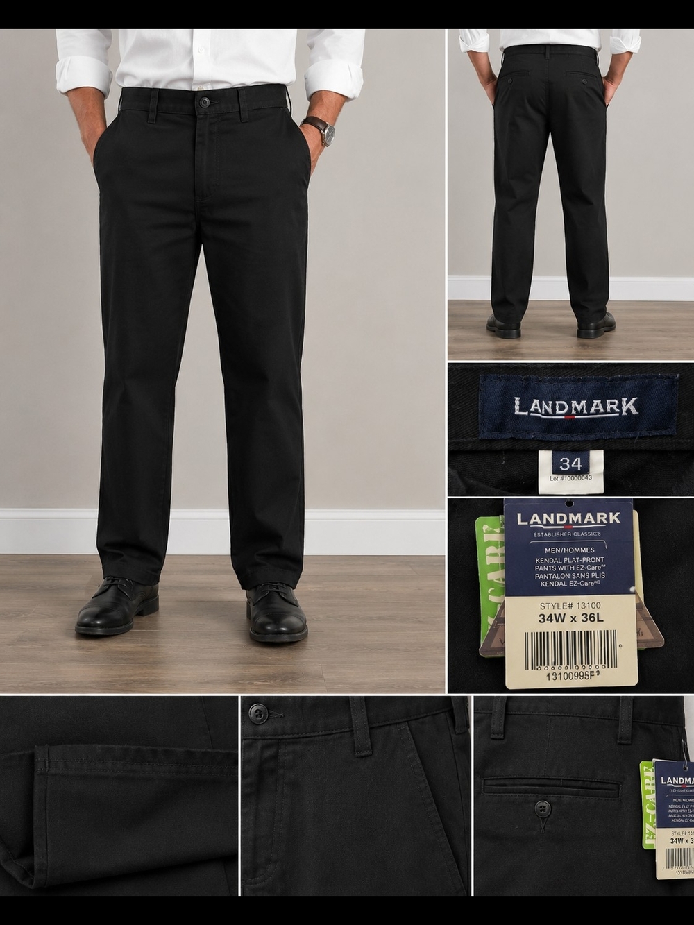 Landmark Men's Black Flat-Front Dress Pants 34x36
